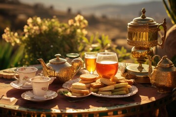 Moroccan Tea Time: Amidst the Rugged Landscape of the Atlas Mountains, a Table Arrangement Showcases a Traditional Moroccan Tea Set, Refreshing Mint Tea, and Sweet Pastries.	
