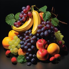 Naklejka na ściany i meble Realistic Dessert Fruit Black Grapes banana oranges and apples. 