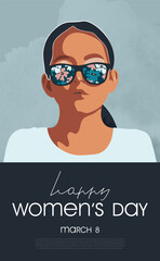 International Women's Day , March 8th.Banner with beautiful girl in sunglasses and watercolor background. Vector illustration.
