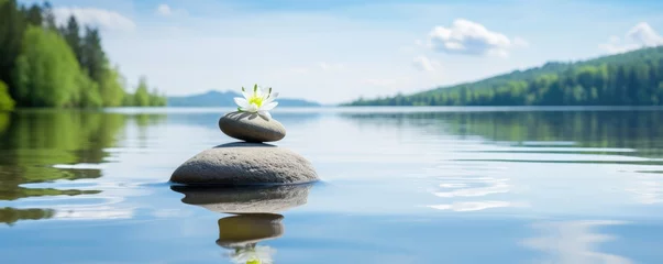 Fotobehang zen stones on peaceful lake wellness and spa concept banner © krissikunterbunt
