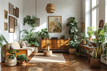 Stylish scandinavian living room with design furniture, plants, bamboo bookstand and wooden desk....