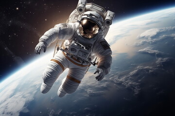 Fototapeta premium An astronaut floating in space, with a view of Earth in the background. Astronaut in outer space over the planet Earth. Generated AI.