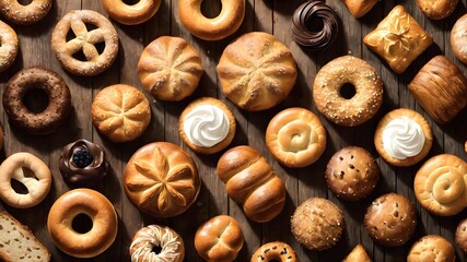 Bread, buns, donuts, muffins and other pastries on a dark wooden background. Bakery and pastry advertising background