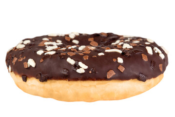 Chocolate donut with cookie crumbs isolated on transparent background.