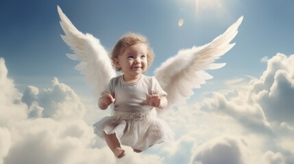cute baby little angel fly with wings on cloud sky