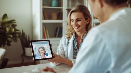 a young woman's home as she engages in a video chat with her doctor on a tablet