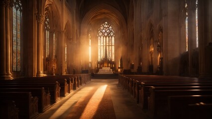 Catholic christians church view at a  sunrise, sunrise light leak in a church praying