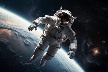 Fototapeta premium An astronaut floating in space, with a view of Earth in the background. Astronaut in outer space over the planet Earth. Generated AI.