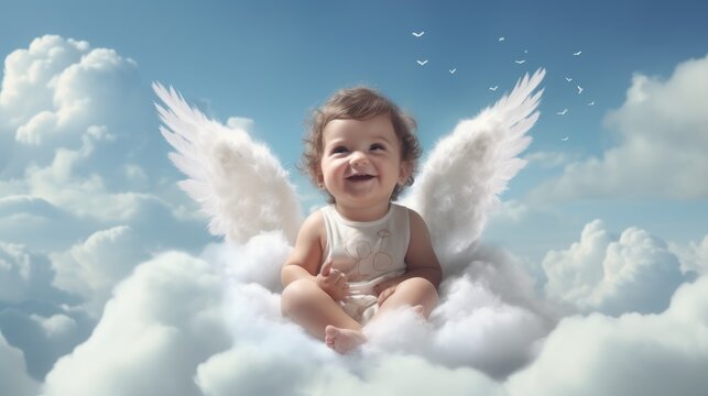 cute baby little angel fly with wings on cloud sky