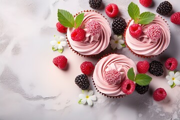 top view sweet cupcakes with pink cream, raspberries and blackberries flatlay on a white concrete...