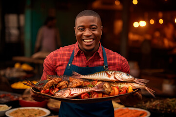 Grilled Seafood Charm: In Luanda, Angola, a Chef Delights in Grilling Fish in an Open-Air Restaurant, Infusing the Atmosphere with Good Disposition and Barbecue Bliss - obrazy, fototapety, plakaty