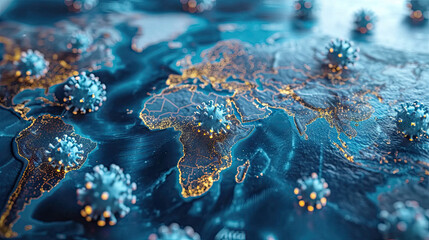 Illustration of X virus cells over world map. X disease outbreak concept - obrazy, fototapety, plakaty