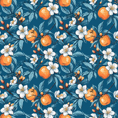 Fototapeta na wymiar seamless pattern of orange branches with flowers and leaves on a blue background