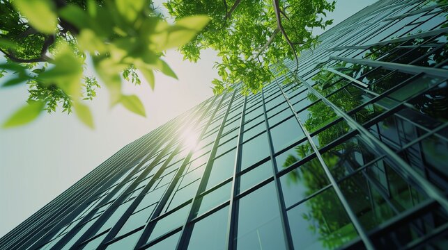 Environmentally friendly modern office building in the CBD sustainable office building with green natural trees reducing carbon dioxide for a green environment. Generative AI