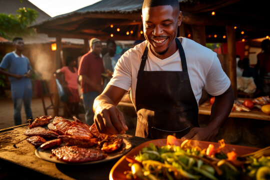 Grilled Seafood Charm: In Luanda, Angola, a Chef Delights in Grilling Fish in an Open-Air Restaurant, Infusing the Atmosphere with Good Disposition and Barbecue Bliss