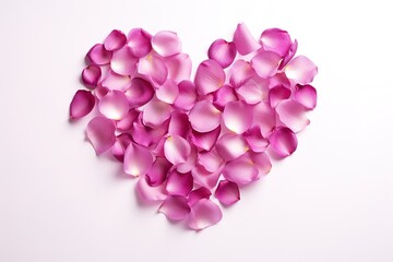 heart made of tender pink rose petals isolated on white background top view, valentines day design