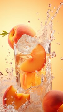Glass with water, ice and peach juice and splashes of water