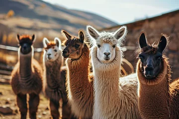 Tuinposter herd of llamas or alpacas on the farm in mountains © Маргарита Вайс