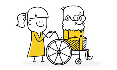 Woman rolls old man in wheelchair.