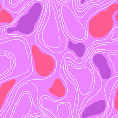 Vibrant groovy psychedelic seamless pattern with lines and abstract shapes. Retro 70s 90s 00s style. Hippie linear texture for textile, paper, fabric. geometric vector surface. Purple, red and pink