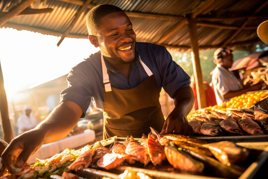 Grilled Seafood Charm: In Luanda, Angola, a Chef Delights in Grilling Fish in an Open-Air Restaurant, Infusing the Atmosphere with Good Disposition and Barbecue Bliss