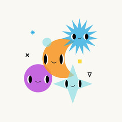 Naklejka premium Funny geometry composition: banner, poster, card. Cute abstract shapes with emotions. Happy kawaii faces. Cute hand drawn flat elements for kid goods. Vector vibrant colorful cartoon characters