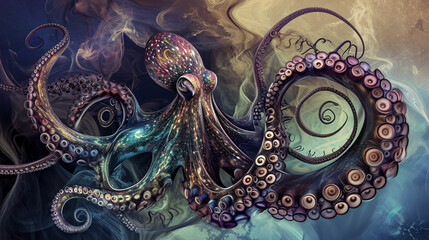 Morphing Alien Octopus Fibonacci Spiral Abstract Nature Art. Fantasy background  - obrazy, fototapety, plakaty