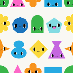 Funny geometry mosaic seamless pattern. Cute abstract shapes with emotions. Happy faces. Cute hand drawn flat cartoon characters texture for kids. Vector vibrant colorful background. Playful surface