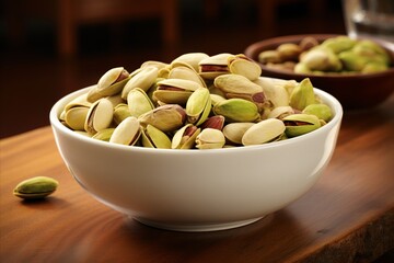 Bowl of cracked pistachio nuts on rustic wooden table - healthy and delicious snack option - Powered by Adobe