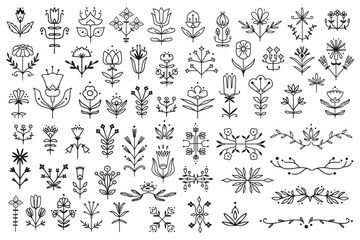 Big set of folk style linear simmetrical flowers. Simple hand drawn outline doodle illustration. Stylized decorative floral elements for tatoo, stationery, cards. Traditional decor. Vector botany set
