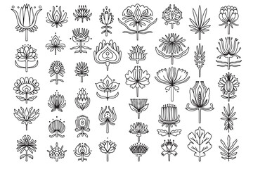 Big set of folk style linear simmetrical flowers. Simple hand drawn outline doodle illustration. Stylized decorative floral elements for tatoo, stationery, cards. Traditional decor. Vector botany set © Elena