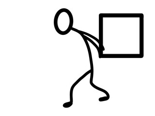 Vector illustration of a stick figure carrying a box on a white background.