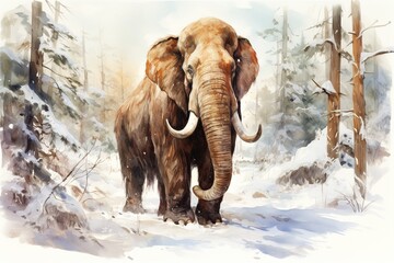 watercolor woolly mammoth walking in a prehistoric winter snowy forest