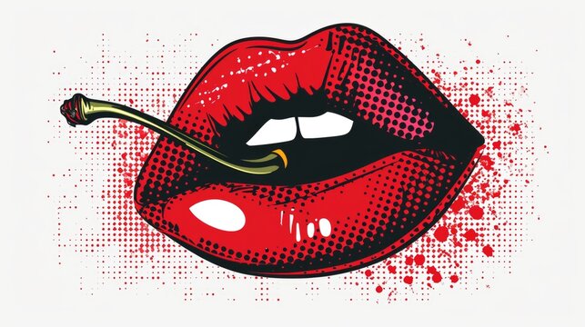 A close up of a person's mouth with a cherry on it. Pop-art retro half tone effect. Pop-art retro half tone effect.
