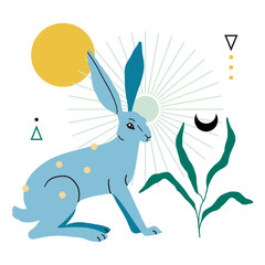 Card, poster with rabbit or hare, geometric abstract shape, doodle elements and plant. Easter animal. Vector flat minimalist style bunny illustration