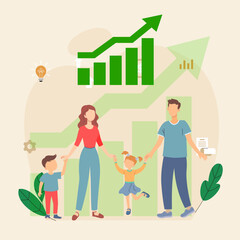 happy family with rising income. vector illustration