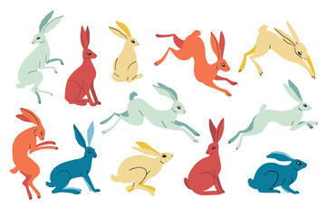 Vector collection of sitting and jumping rabbits or hares. Forest animals set. Easter symbol. Vector flat minimalist style bunny illustration. Wildlife nature concept