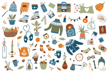 Big collection of cute things: home interior objects, books, knitted clothes, candles, warm drinks, hobby tools, plants, ice skates. Flat style hand drawn elements. Cozy winter lifestyle concept