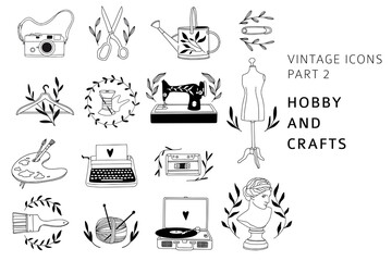 Vintage line art hobby and craft set: sewing machine, knitting, camera, art supplies. Linear icons with floral elements for logo, brand design, tailor shop. Elegant bohemian outline vector collection - 711535612