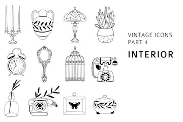 Vintage line art set of interior elements: vase, mirror, phone, cage, plant, candles, lamp. Linear icons with floral icons for logo, brand design. Elegant bohemian outline vector collection. - 711535634