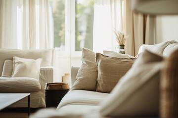 A cozy and stylish living room interior. Couch sofa with linen cushions in pastel neutral colors...