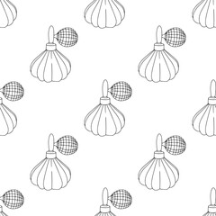 Vintage line art seamless pattern with retro style perfume bottles. Linear cosmetic elements. Black and white elegant bohemian outline texture for textile, fabric, paper. - 711535860