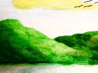 Green mountain valley watercolour painting