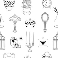 Vintage line art seamless pattern with interior elements: vase, mirror, phone, cage, plant, candle, lamp. Linear texture for textile, fabric, paper. Elegant black and white outline minimalist  surface - 711535887