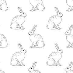 Vintage style seamless pattern with rabbit or hare. Linear hand drawn elements. Bohemian line art simple minimalist texture for fabric, textile, paper. Elegant outline vector surface. Wildlife concept - 711536018