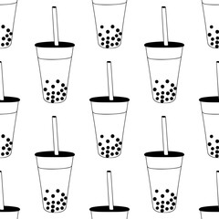 Seamless pattern with bubble tea with straw. Linear minimalist surface with drinks for kitchen textile, fabric, menu design. Black and white line art elements - 711536023