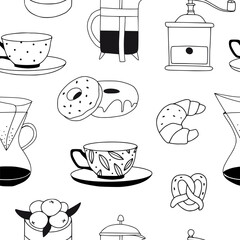 Seamless pattern with outline breakfast elements: coffee, tea, donut, cake. Linear minimalist surface with food and drink for kitchen textile, fabric, menu design. Black and white line art elements
