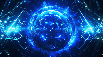 Obraz premium Vj Loop Blue Liquid Sphere Surrounded By Light Streaks And Triangle Ring, Copy paste area for texture 
