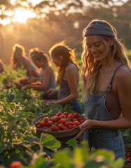 grupo de chicas recogiendo fresas en el campo, época primavera, marzo, abril, mayo, colores verde, rojo, jóvenes divirtiéndose ameno, distendido, horticultura voluntaria - obrazy, fototapety, plakaty