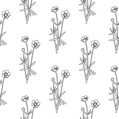 Vintage hand drawn seamless pattern with flowers. Black and white linear floral texture. Bohemian line art botany elements. Elegant outline spring or summer vector surface for textile, fabric, paper - 711536098
